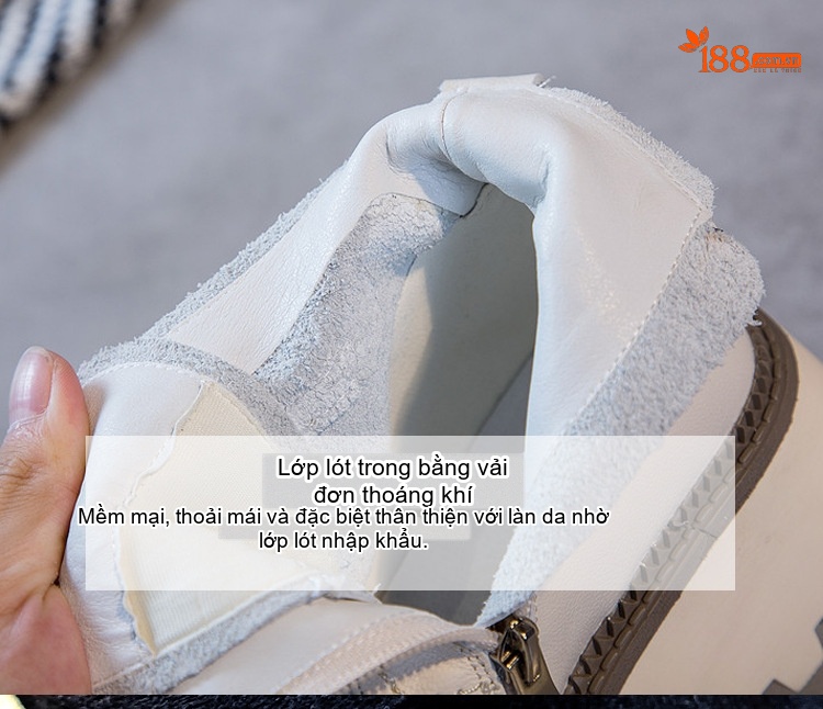Boot Nữ Da Bò Cổ Ngắn Chiều Cao Đế Khoảng 3cm Màu Đen, Trắng Kem chi tiết 9