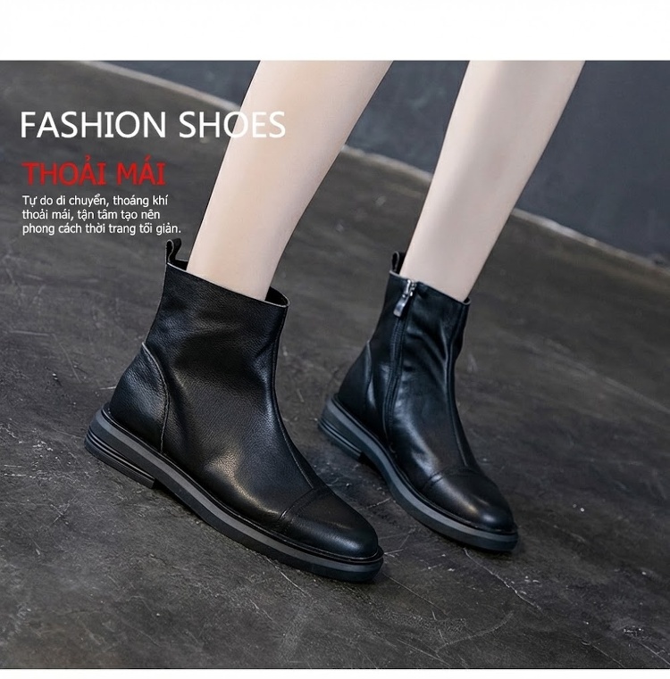 Boot Nữ Da Bò Cổ Ngắn Chiều Cao Đế Khoảng 3cm Màu Đen, Trắng Kem chi tiết 12