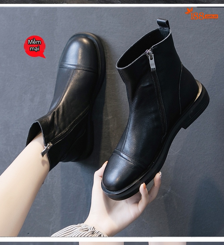 Boot Nữ Da Bò Cổ Ngắn Chiều Cao Đế Khoảng 3cm Màu Đen, Trắng Kem chi tiết 14