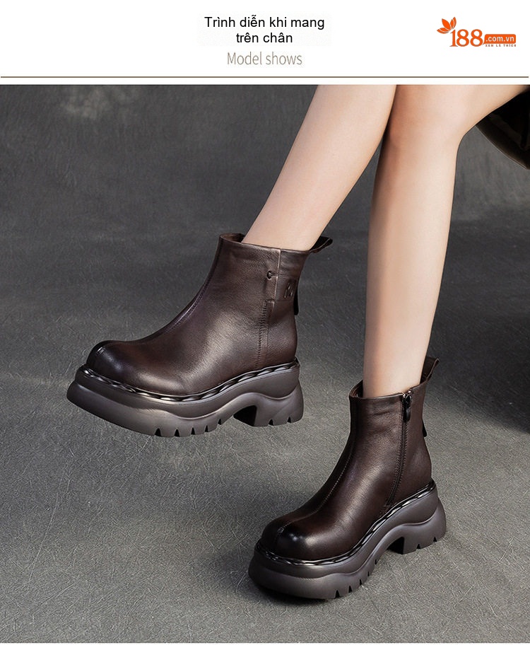 Boot Nữ Da Bò Cổ Ngắn Chiều Cao Đế Khoảng 5cm Phong Cách Hàn Quốc Màu Đen, Nâu chi tiết 8