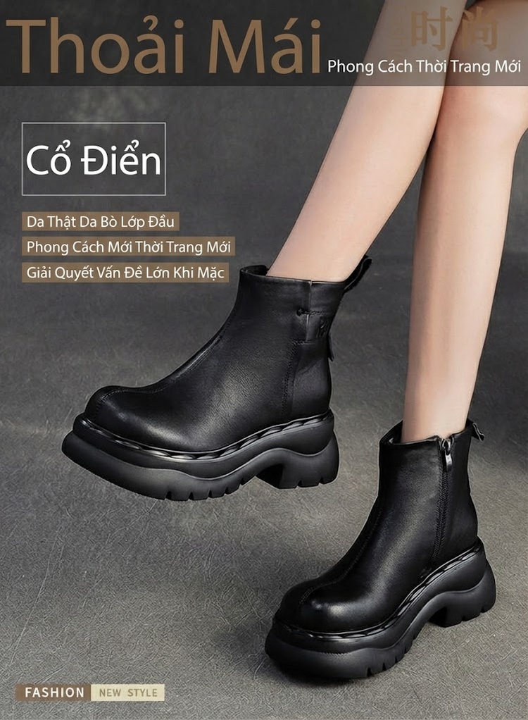 Boot Nữ Da Bò Cổ Ngắn Chiều Cao Đế Khoảng 5cm Phong Cách Hàn Quốc Màu Đen, Nâu chi tiết 2