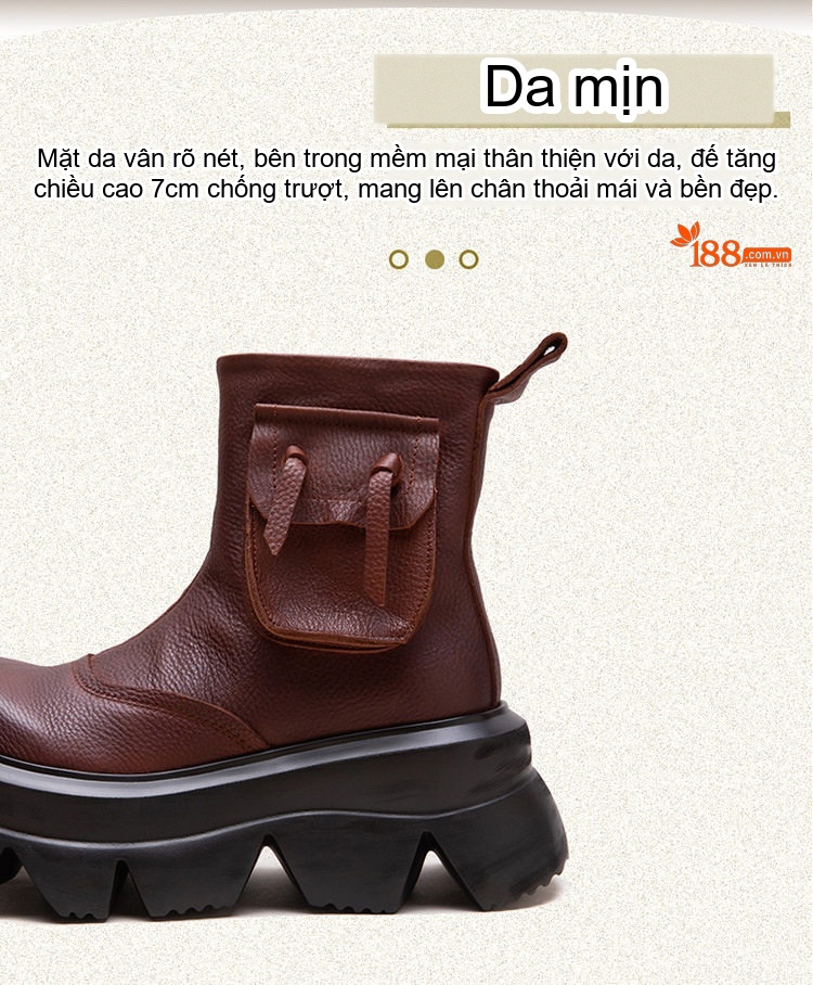 Boot Nữ Da Bò Cổ Ngắn Chiều Cao Đế Khoảng 6cm Màu Đen, Nâu, Xanh Lá chi tiết 3