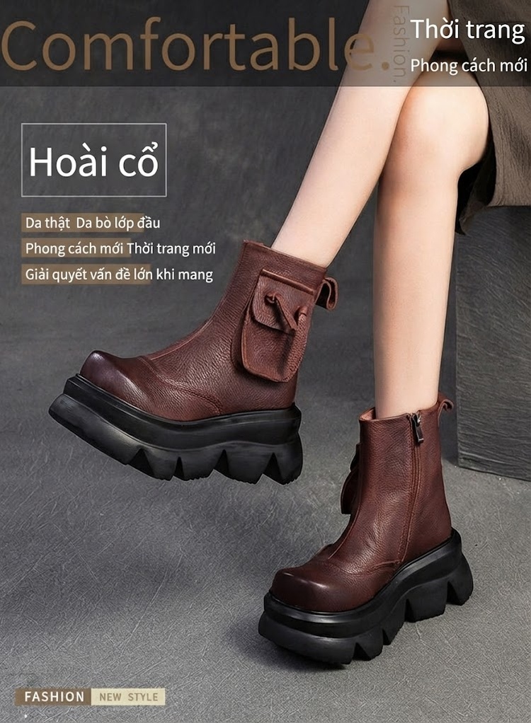 Boot Nữ Da Bò Cổ Ngắn Chiều Cao Đế Khoảng 6cm Màu Đen, Nâu, Xanh Lá chi tiết 1