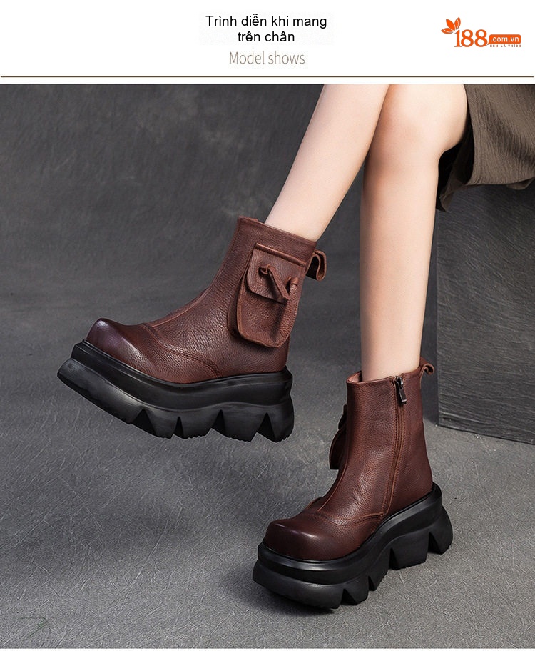 Boot Nữ Da Bò Cổ Ngắn Chiều Cao Đế Khoảng 6cm Màu Đen, Nâu, Xanh Lá chi tiết 8
