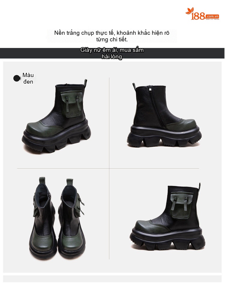 Boot Nữ Da Bò Cổ Ngắn Chiều Cao Đế Khoảng 6cm Màu Đen, Nâu, Xanh Lá chi tiết 17
