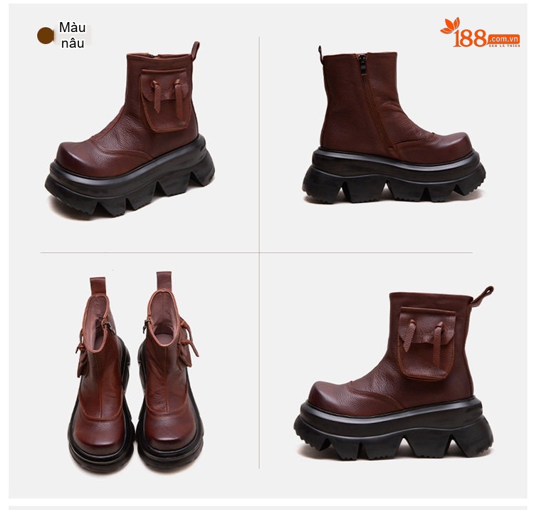 Boot Nữ Da Bò Cổ Ngắn Chiều Cao Đế Khoảng 6cm Màu Đen, Nâu, Xanh Lá chi tiết 18