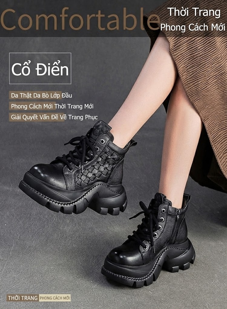 Boot Nữ Da Bò Cổ Ngắn Có Khóa Kéo Bên Hông Chiều Cao Đế Khoảng 6cm Màu Đen, Nâu, Xanh chi tiết 2