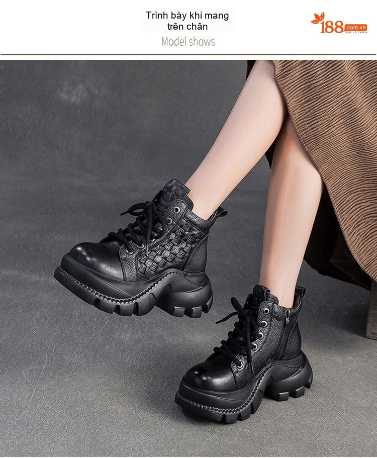 Boot Nữ Da Bò Cổ Ngắn Có Khóa Kéo Bên Hông Chiều Cao Đế Khoảng 6cm Màu Đen, Nâu, Xanh chi tiết 8