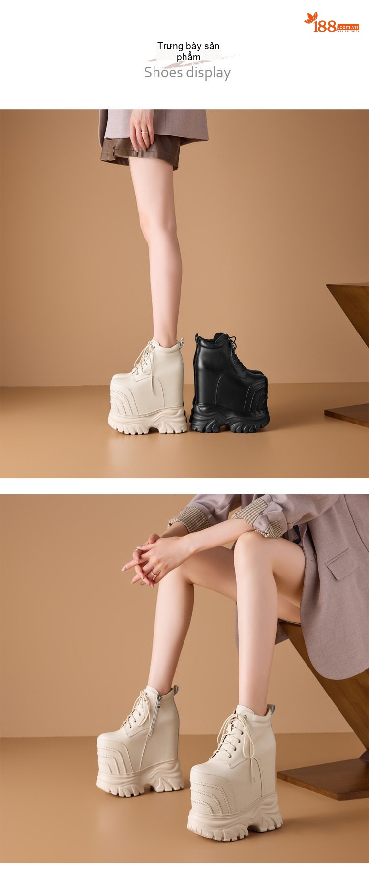 Boot Nữ Da Bò Cổ Ngắn Đế Bánh Mì Cao Gót Chiều Cao Đế Khoảng 20cm Màu Be, Đen chi tiết 1