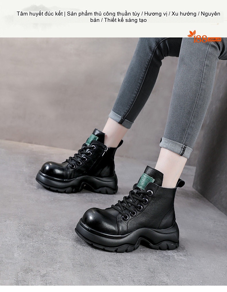 Boot Nữ Da Bò Cổ Ngắn Đế Bánh Mì Chiều Cao Đế Khoảng 5cm Màu Đen, Kem chi tiết 1