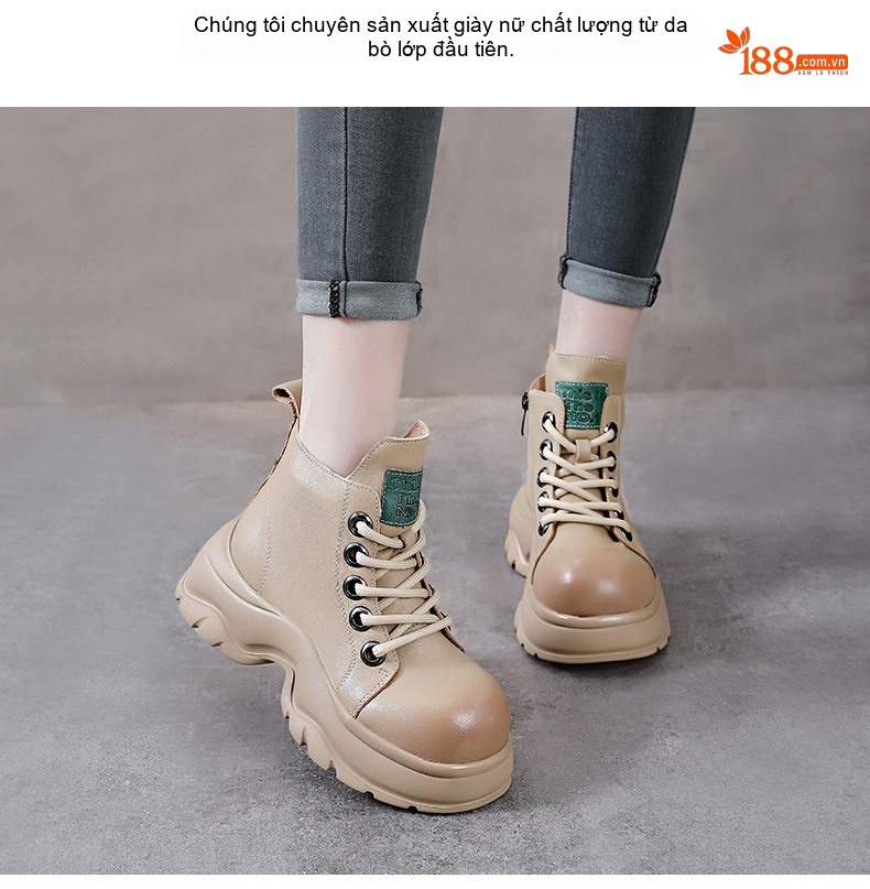 Boot Nữ Da Bò Cổ Ngắn Đế Bánh Mì Chiều Cao Đế Khoảng 5cm Màu Đen, Kem chi tiết 2
