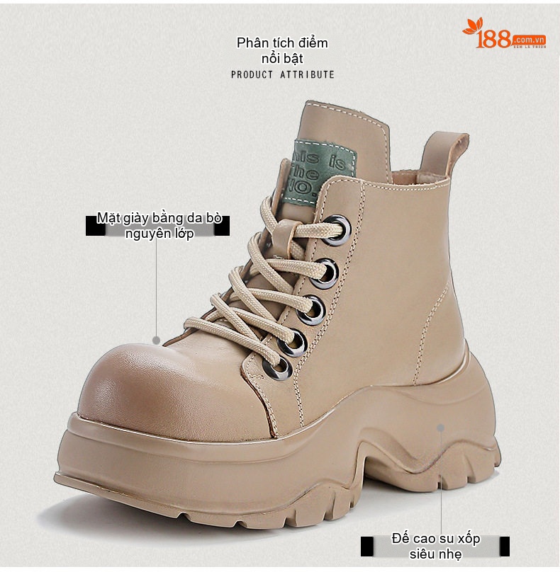 Boot Nữ Da Bò Cổ Ngắn Đế Bánh Mì Chiều Cao Đế Khoảng 5cm Màu Đen, Kem chi tiết 3