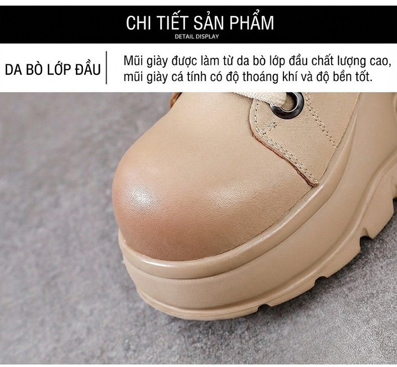 Boot Nữ Da Bò Cổ Ngắn Đế Bánh Mì Chiều Cao Đế Khoảng 5cm Màu Đen, Kem chi tiết 4