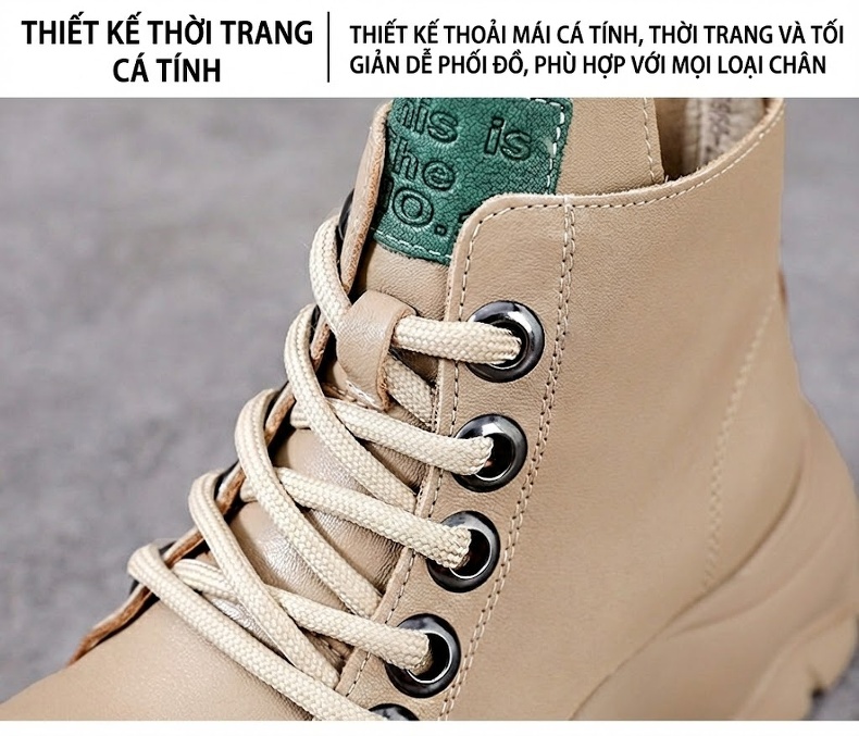 Boot Nữ Da Bò Cổ Ngắn Đế Bánh Mì Chiều Cao Đế Khoảng 5cm Màu Đen, Kem chi tiết 5