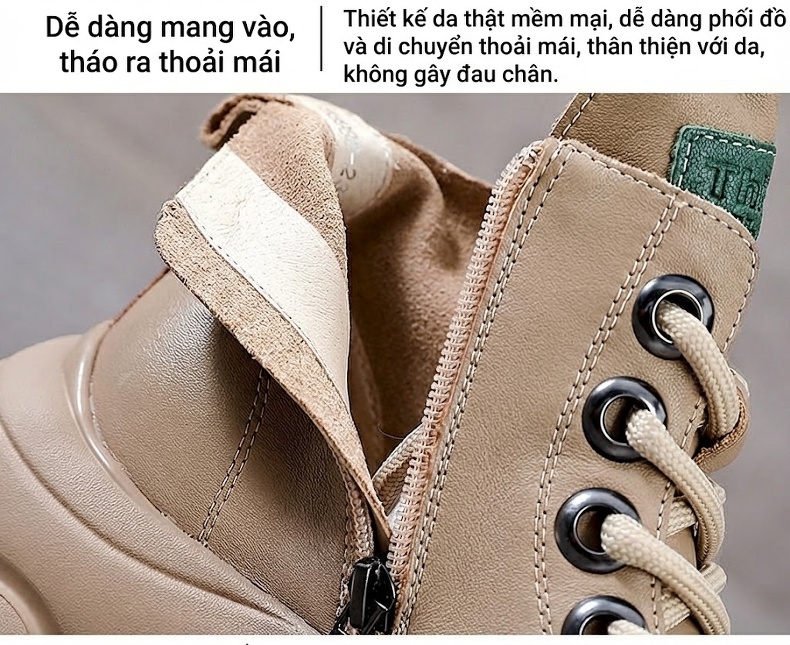 Boot Nữ Da Bò Cổ Ngắn Đế Bánh Mì Chiều Cao Đế Khoảng 5cm Màu Đen, Kem chi tiết 6