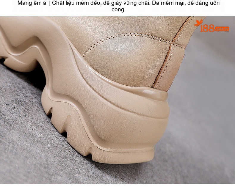 Boot Nữ Da Bò Cổ Ngắn Đế Bánh Mì Chiều Cao Đế Khoảng 5cm Màu Đen, Kem chi tiết 8
