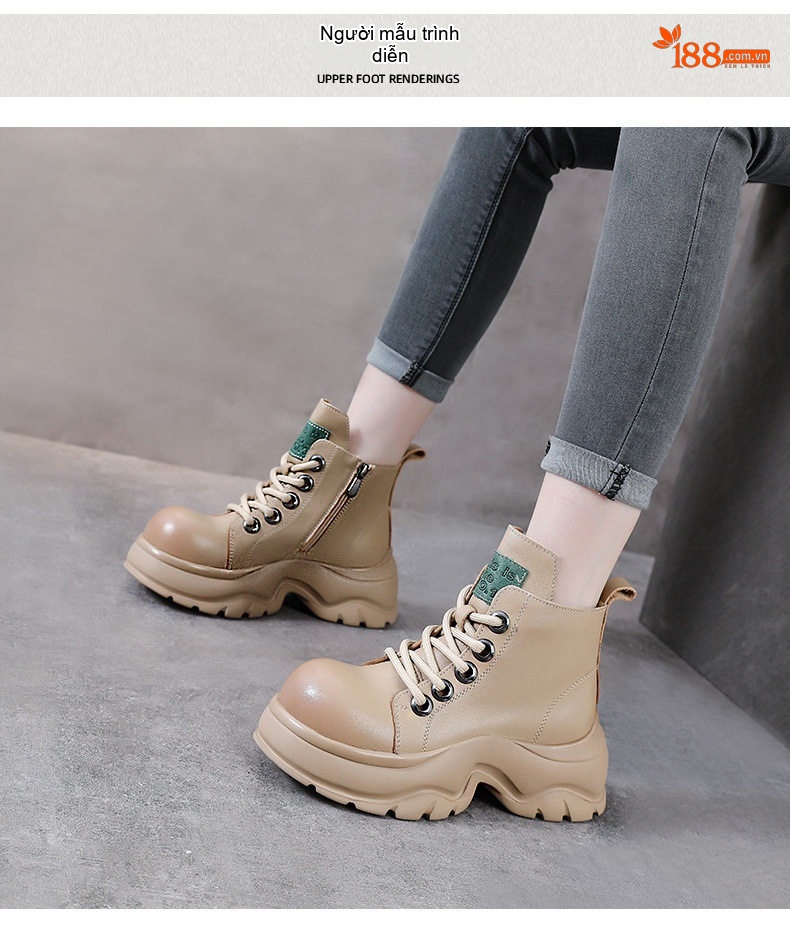 Boot Nữ Da Bò Cổ Ngắn Đế Bánh Mì Chiều Cao Đế Khoảng 5cm Màu Đen, Kem chi tiết 9