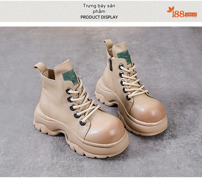 Boot Nữ Da Bò Cổ Ngắn Đế Bánh Mì Chiều Cao Đế Khoảng 5cm Màu Đen, Kem chi tiết 10