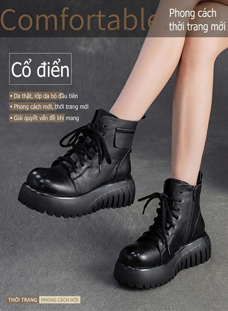 Boot Nữ Da Bò Cổ Ngắn Đế Bánh Mì Chiều Cao Đế Khoảng 5cm Màu Đen, Nâu chi tiết 2