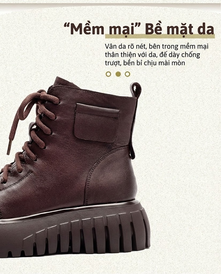 Boot Nữ Da Bò Cổ Ngắn Đế Bánh Mì Chiều Cao Đế Khoảng 5cm Màu Đen, Nâu chi tiết 3