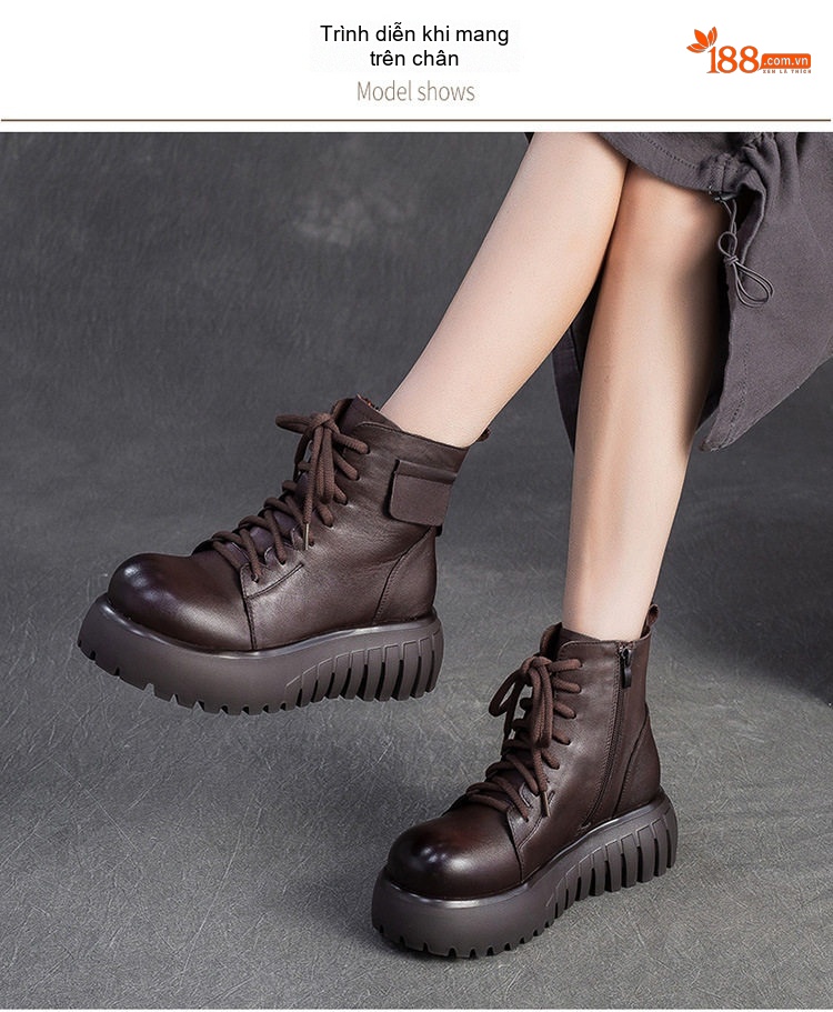 Boot Nữ Da Bò Cổ Ngắn Đế Bánh Mì Chiều Cao Đế Khoảng 5cm Màu Đen, Nâu chi tiết 8