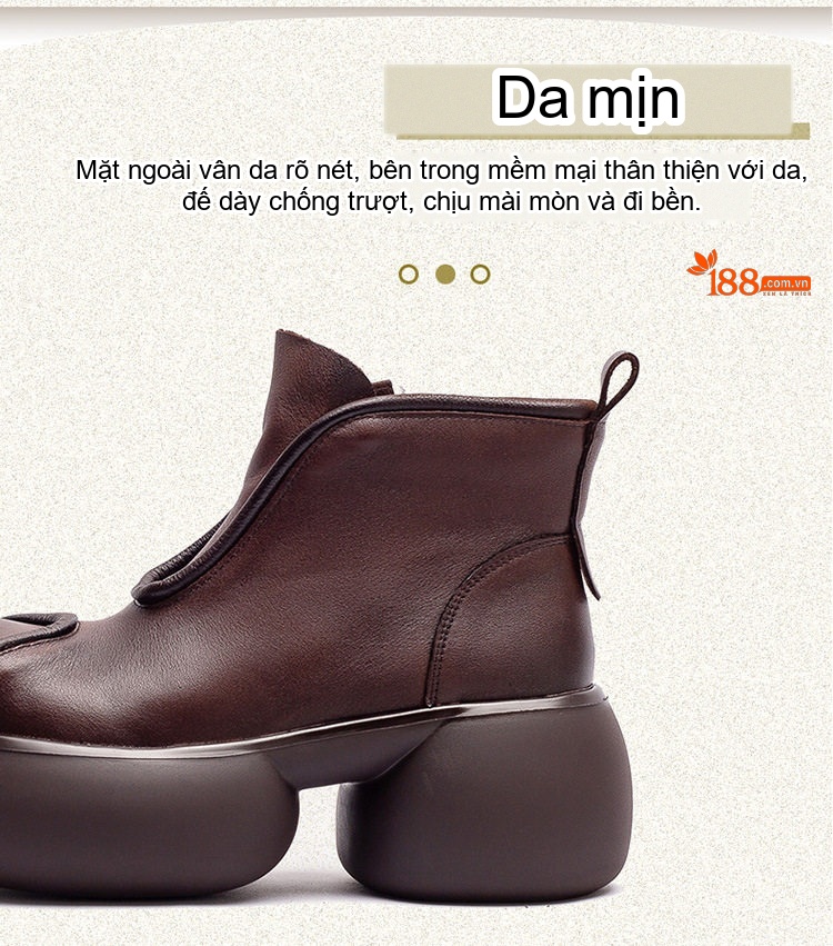 Boot Nữ Da Bò Cổ Ngắn Đế Bánh Mì Chiều Cao Đế Khoảng 6cm Màu Đen, Nâu chi tiết 2