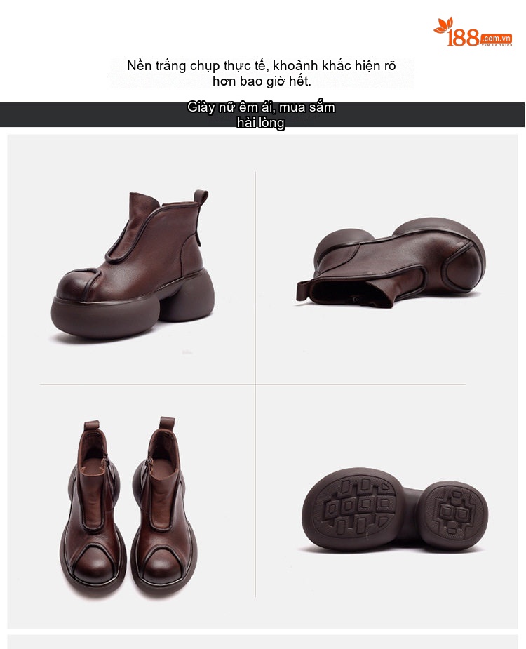 Boot Nữ Da Bò Cổ Ngắn Đế Bánh Mì Chiều Cao Đế Khoảng 6cm Màu Đen, Nâu chi tiết 16