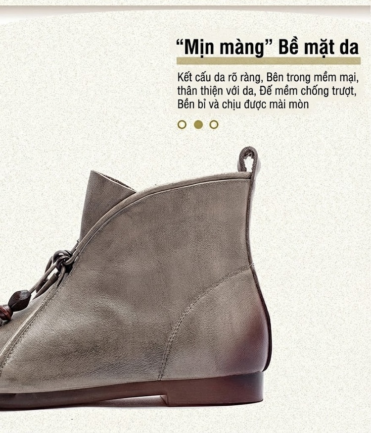 Boot Nữ Da Bò Cổ Ngắn Đế Bệt Chiều Cao Đế Khoảng 1cm Màu Nâu, Xám chi tiết 2
