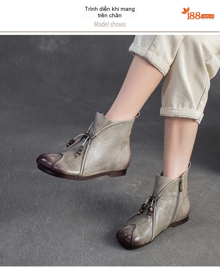 Boot Nữ Da Bò Cổ Ngắn Đế Bệt Chiều Cao Đế Khoảng 1cm Màu Nâu, Xám chi tiết 6