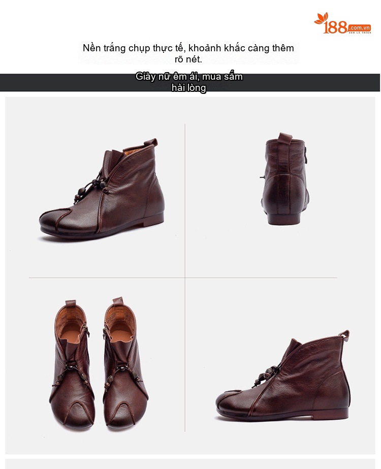 Boot Nữ Da Bò Cổ Ngắn Đế Bệt Chiều Cao Đế Khoảng 1cm Màu Nâu, Xám chi tiết 15