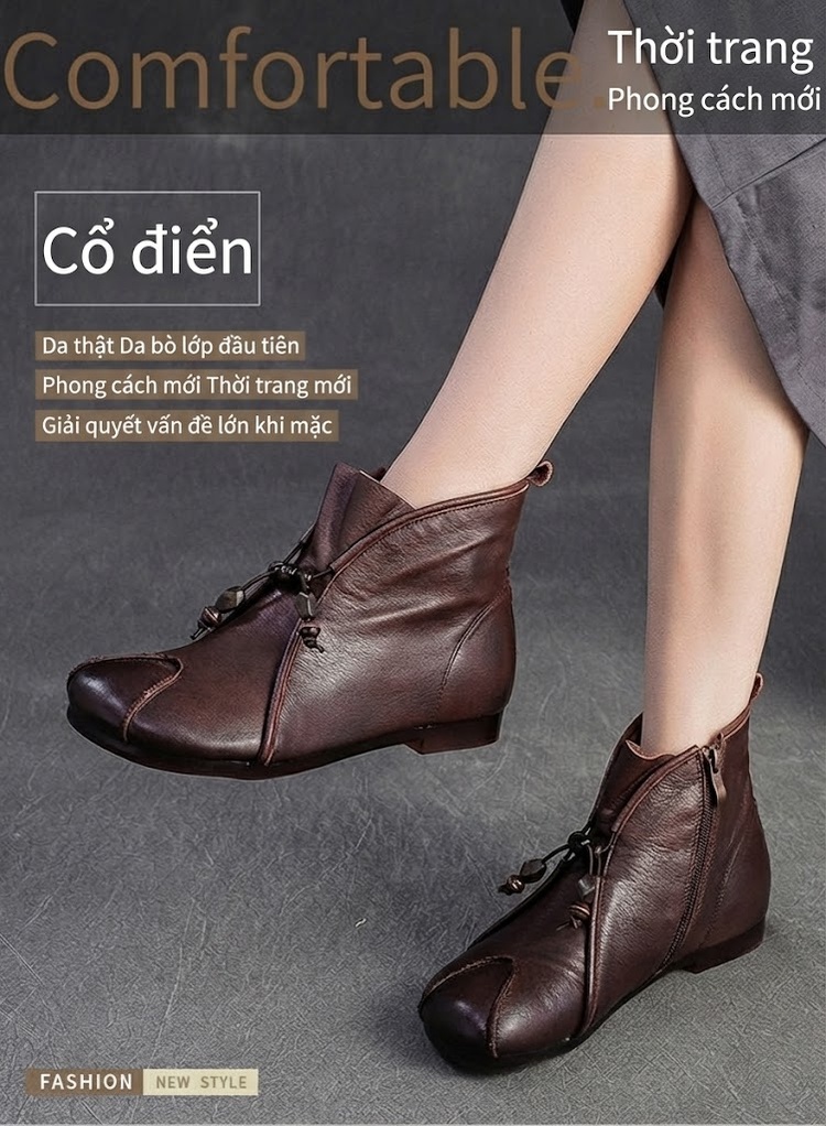 Boot Nữ Da Bò Cổ Ngắn Đế Bệt Chiều Cao Đế Khoảng 1cm Màu Nâu, Xám chi tiết 1