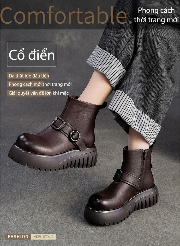 Boot Nữ Da Bò Cổ Ngắn Đế Dày Chiều Cao Đế Khoảng 5cm Màu Đen, Nâu chi tiết 2