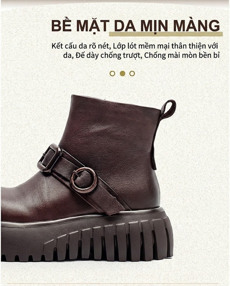 Boot Nữ Da Bò Cổ Ngắn Đế Dày Chiều Cao Đế Khoảng 5cm Màu Đen, Nâu chi tiết 3