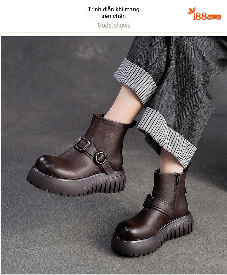 Boot Nữ Da Bò Cổ Ngắn Đế Dày Chiều Cao Đế Khoảng 5cm Màu Đen, Nâu chi tiết 8