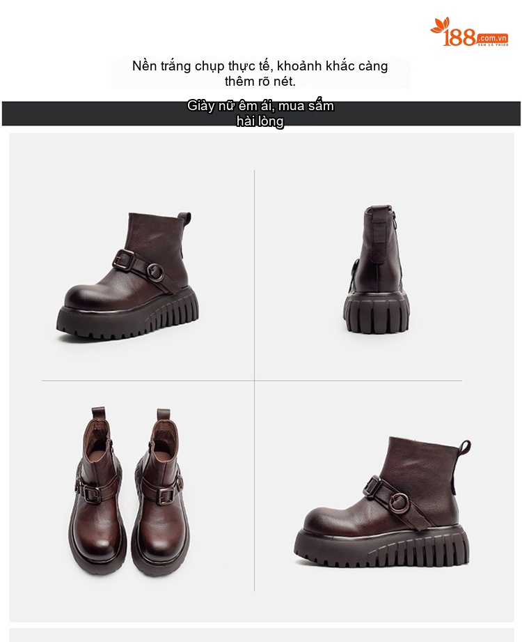 Boot Nữ Da Bò Cổ Ngắn Đế Dày Chiều Cao Đế Khoảng 5cm Màu Đen, Nâu chi tiết 17