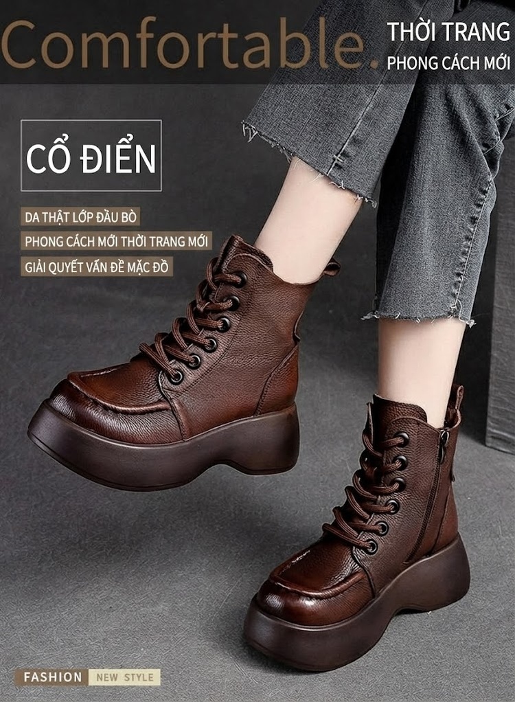 Boot Nữ Da Bò Cổ Ngắn Đế Dày Chiều Cao Đế Khoảng 5cm Màu Đen, Nâu chi tiết 2