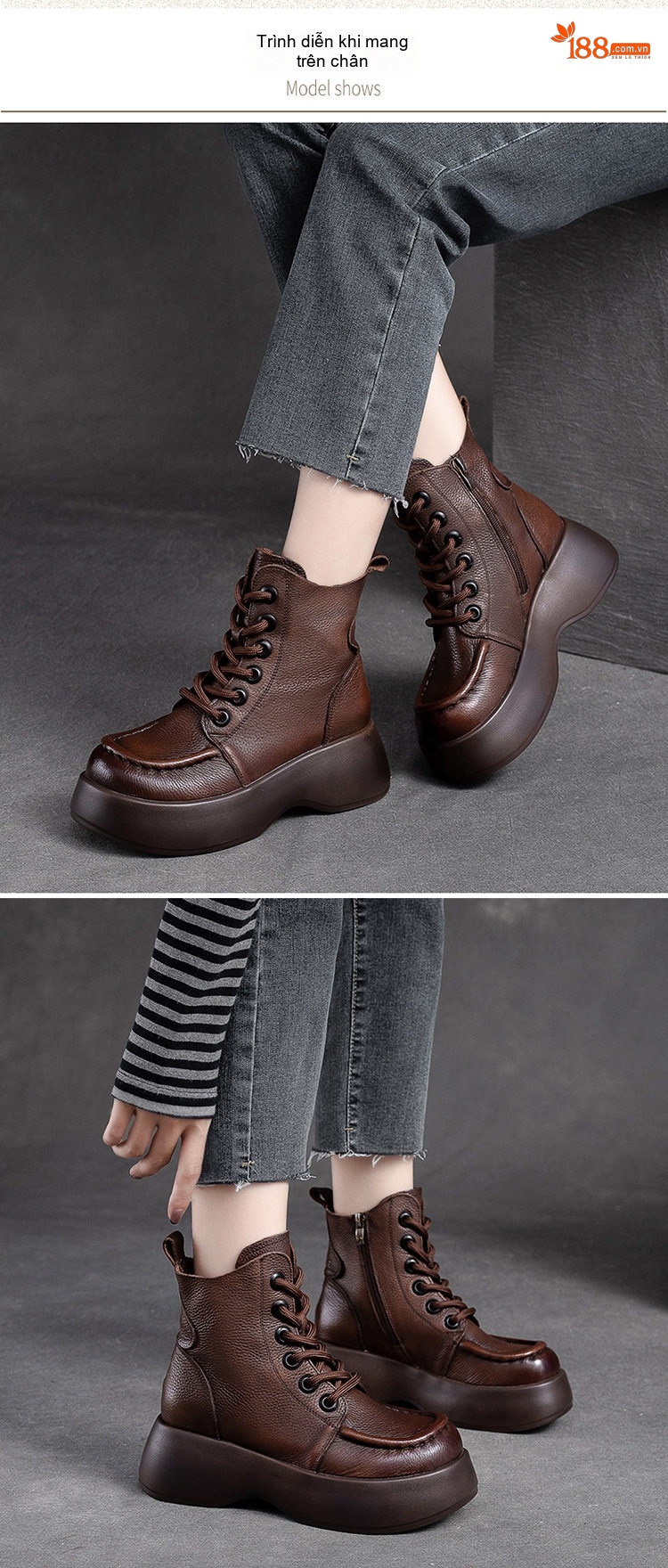 Boot Nữ Da Bò Cổ Ngắn Đế Dày Chiều Cao Đế Khoảng 5cm Màu Đen, Nâu chi tiết 8