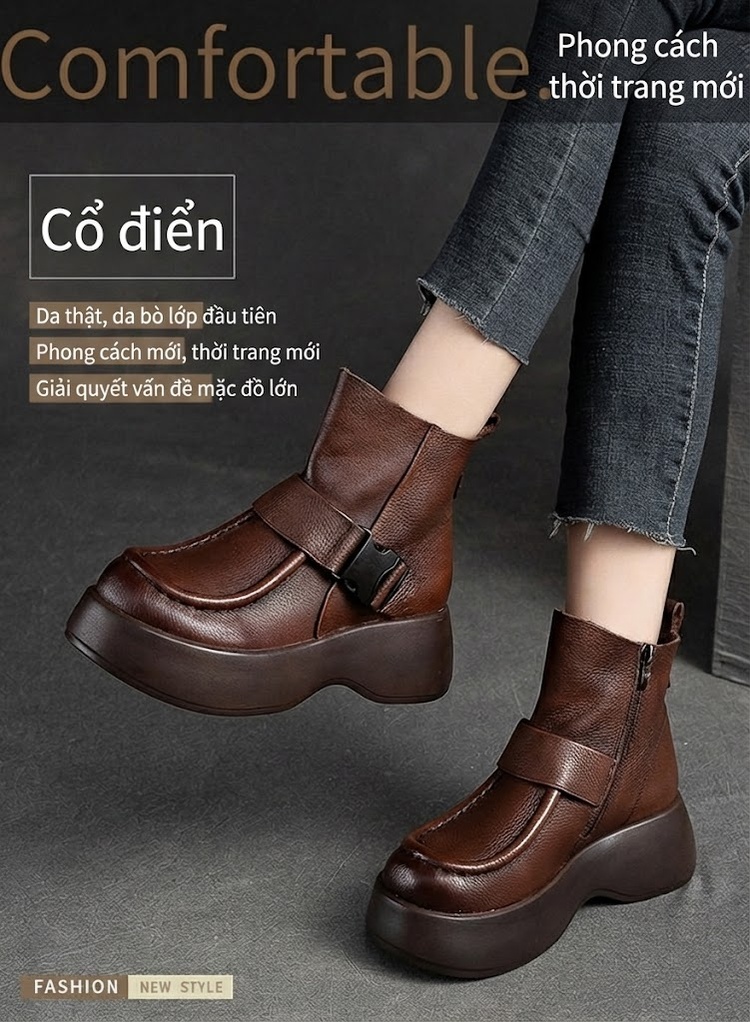 Boot Nữ Da Bò Cổ Ngắn Đế Dày Chiều Cao Đế Khoảng 5cm Màu Đen, Nâu chi tiết 1