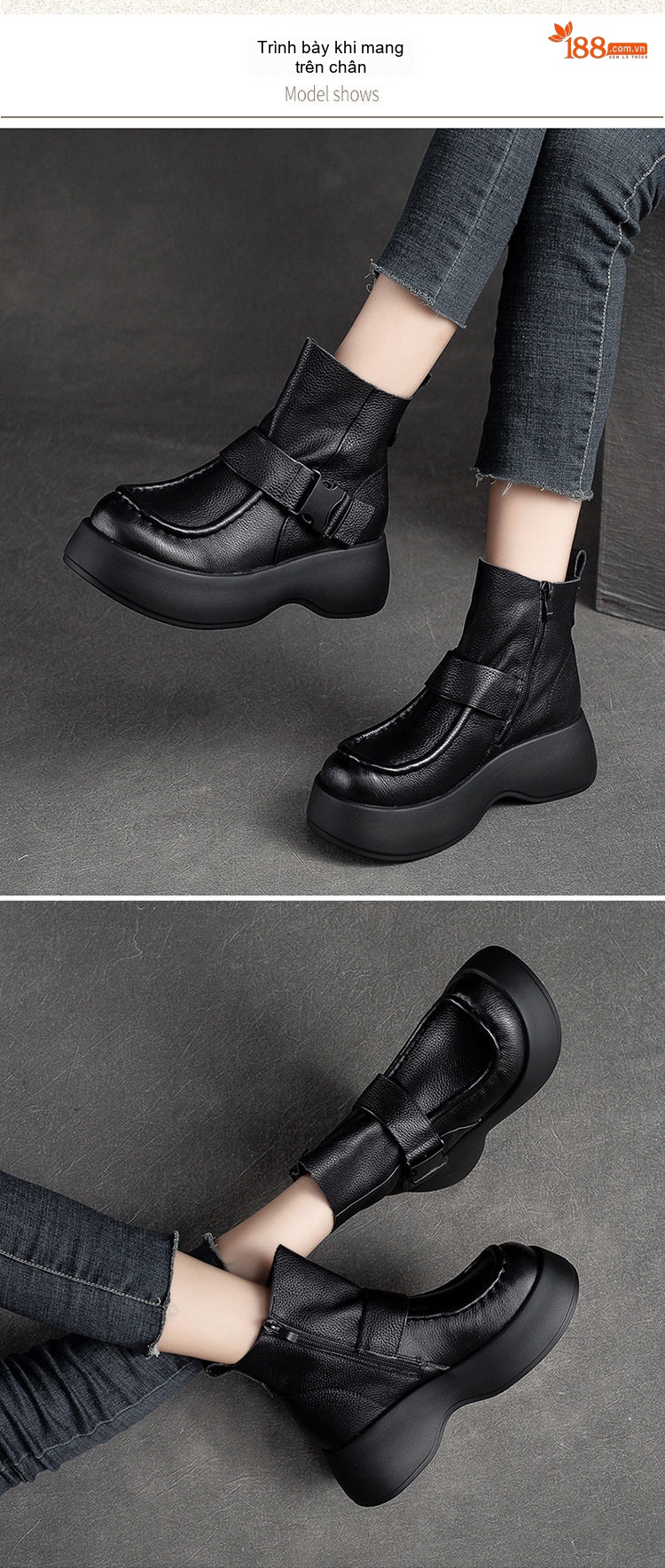 Boot Nữ Da Bò Cổ Ngắn Đế Dày Chiều Cao Đế Khoảng 5cm Màu Đen, Nâu chi tiết 7