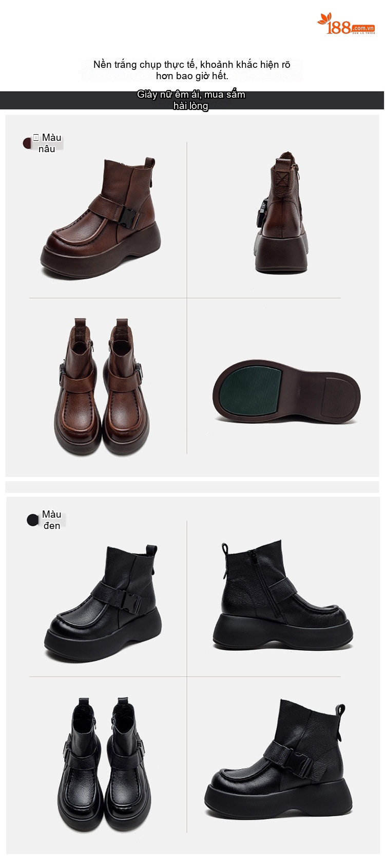 Boot Nữ Da Bò Cổ Ngắn Đế Dày Chiều Cao Đế Khoảng 5cm Màu Đen, Nâu chi tiết 14