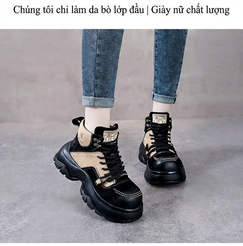 Boot Nữ Da Bò Cổ Ngắn Đế Dày Phong Cách Anh Quốc Chiều Cao Đế Khoảng 5cm Màu Đen, Nâu, Kem chi tiết 2