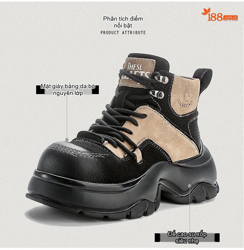 Boot Nữ Da Bò Cổ Ngắn Đế Dày Phong Cách Anh Quốc Chiều Cao Đế Khoảng 5cm Màu Đen, Nâu, Kem chi tiết 3