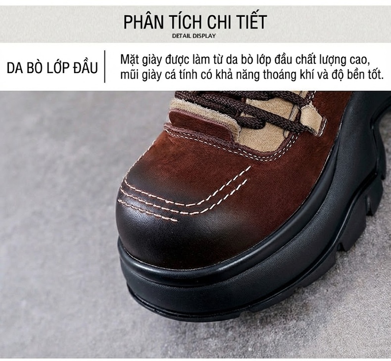 Boot Nữ Da Bò Cổ Ngắn Đế Dày Phong Cách Anh Quốc Chiều Cao Đế Khoảng 5cm Màu Đen, Nâu, Kem chi tiết 4