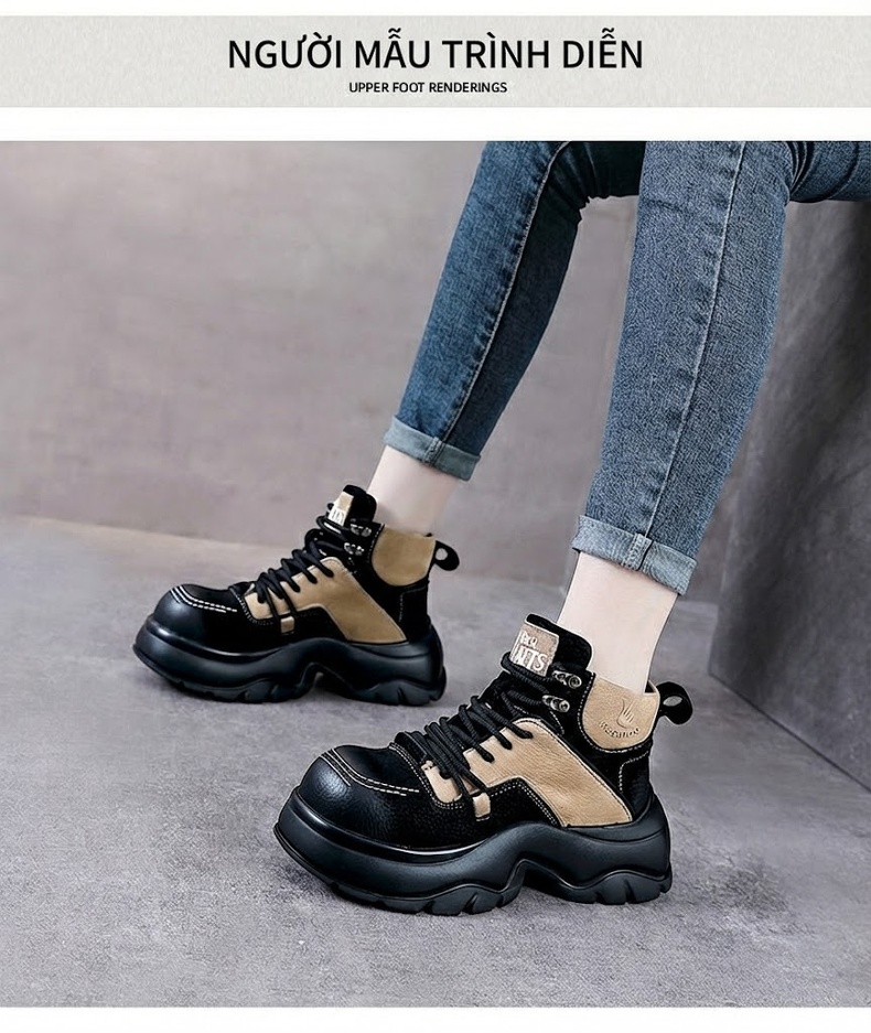 Boot Nữ Da Bò Cổ Ngắn Đế Dày Phong Cách Anh Quốc Chiều Cao Đế Khoảng 5cm Màu Đen, Nâu, Kem chi tiết 9