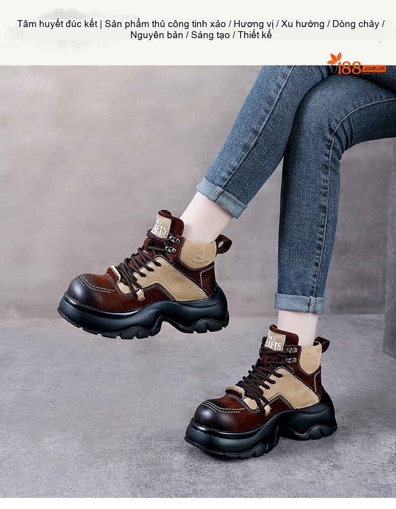 Boot Nữ Da Bò Cổ Ngắn Đế Dày Phong Cách Anh Quốc Chiều Cao Đế Khoảng 5cm Màu Đen, Nâu, Kem chi tiết 1
