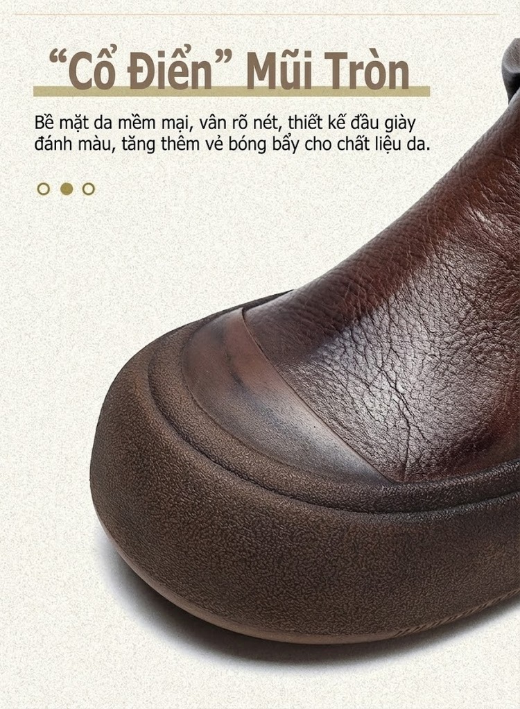 Boot Nữ Da Bò Cổ Ngắn Đế Dày Phong Cách Retro Chiều Cao Đế Khoảng 5cm Màu Nâu chi tiết 4