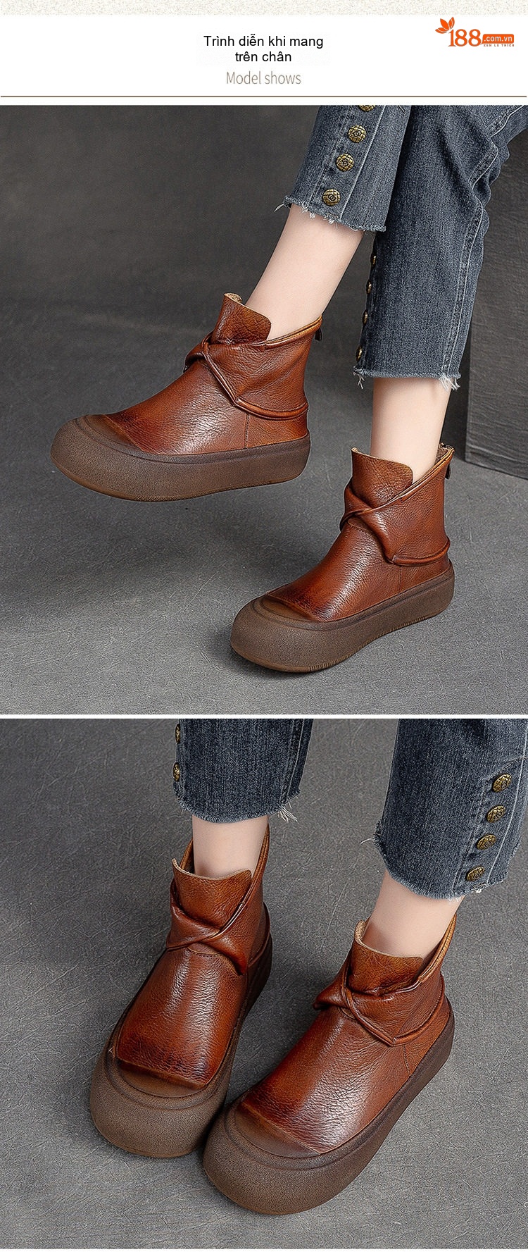 Boot Nữ Da Bò Cổ Ngắn Đế Dày Phong Cách Retro Chiều Cao Đế Khoảng 5cm Màu Nâu chi tiết 7