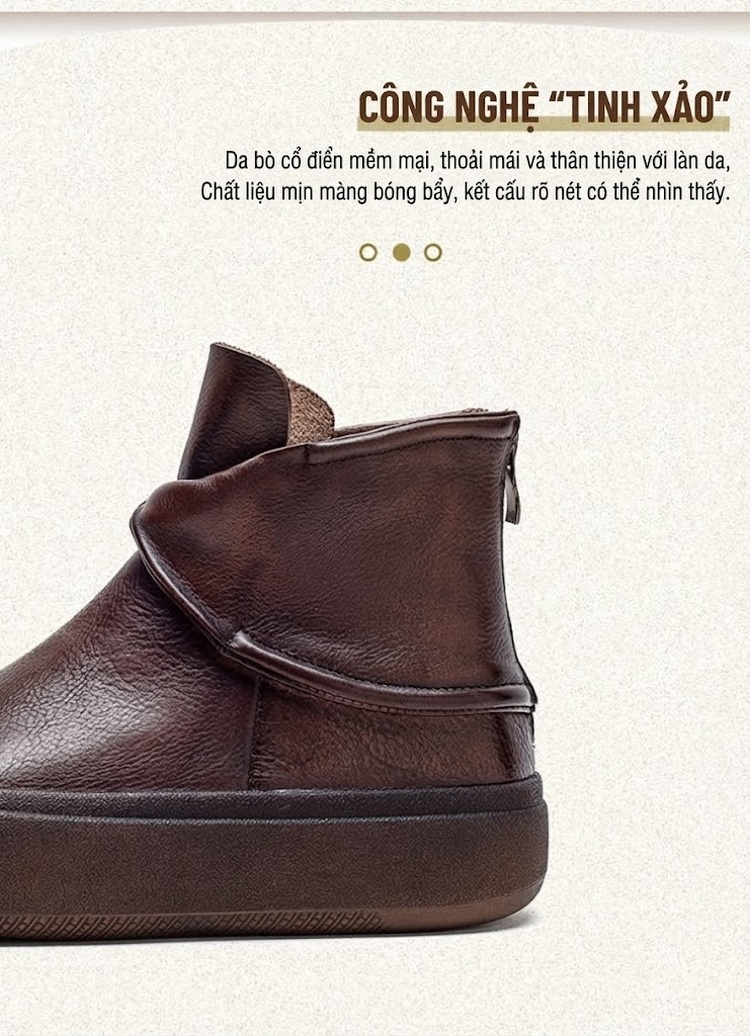 Boot Nữ Da Bò Cổ Ngắn Đế Dày Phong Cách Retro Chiều Cao Đế Khoảng 5cm Màu Nâu chi tiết 3