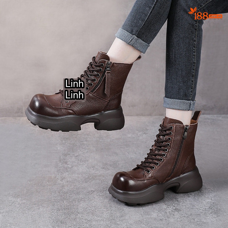 Boot Nữ Da Bò Cổ Ngắn Đế Dày Phong Cách Retro Chiều Cao Đế Khoảng 5cm Màu Nâu, Đen