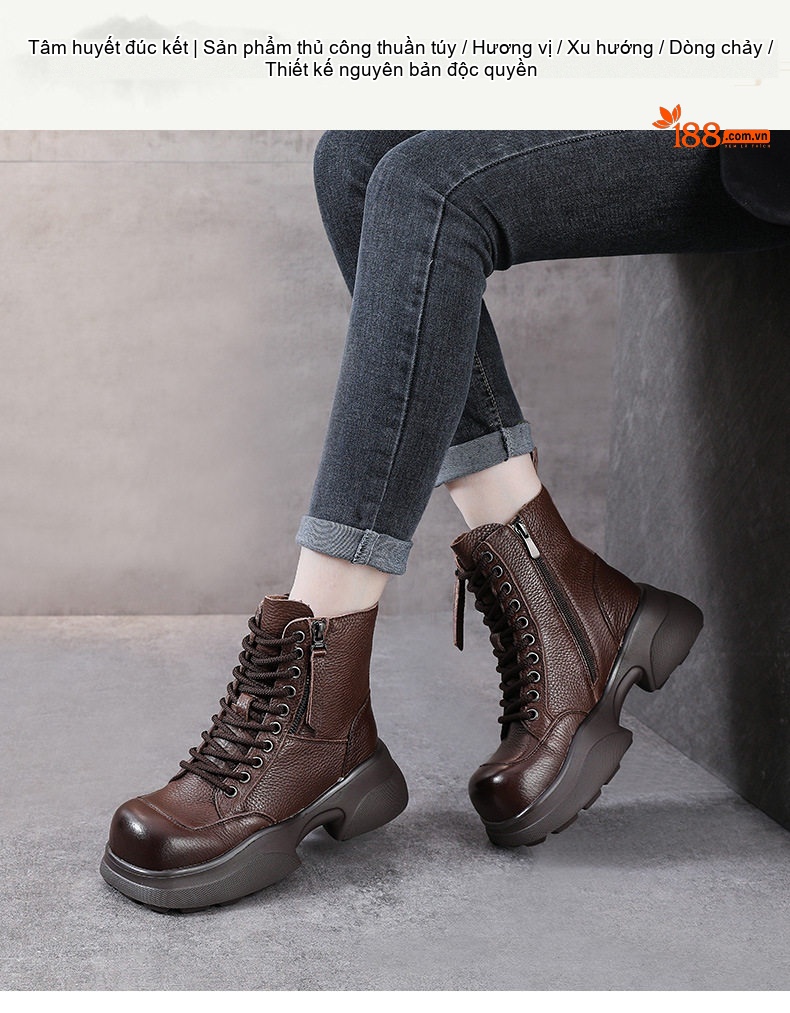 Boot Nữ Da Bò Cổ Ngắn Đế Dày Phong Cách Retro Chiều Cao Đế Khoảng 5cm Màu Nâu, Đen chi tiết 1